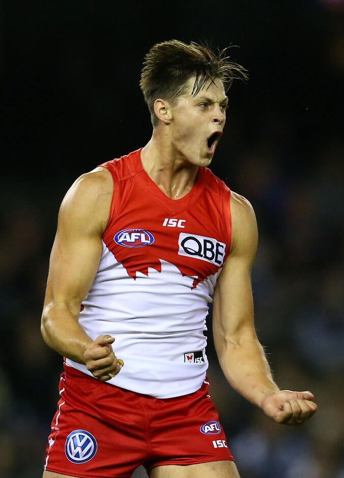 AFL 2016 Rd 02 - Carlton v Sydney MELBOURNE, AUSTRALIA - APRIL 3: Callum Sinclair of the Swans celebrates after kicking a goal during the 2016 AFL Round 02 match between the Carlton Blues and the Sydney Swans at Etihad Stadium, Melbourne on April 3, 2016. (Photo by Scott Barbour/AFL Media)